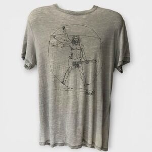 LUCKY BRAND Men's Gray Graphic Print Guitar Playing Vitruvian Man T-Shirt | EUC